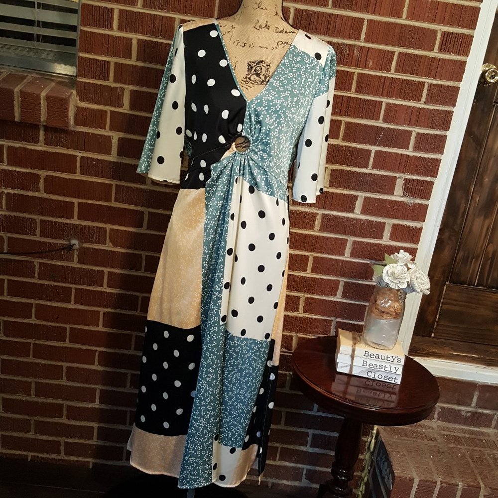 Skies Are Blue Flowy Satin Mix Print Midi Dress